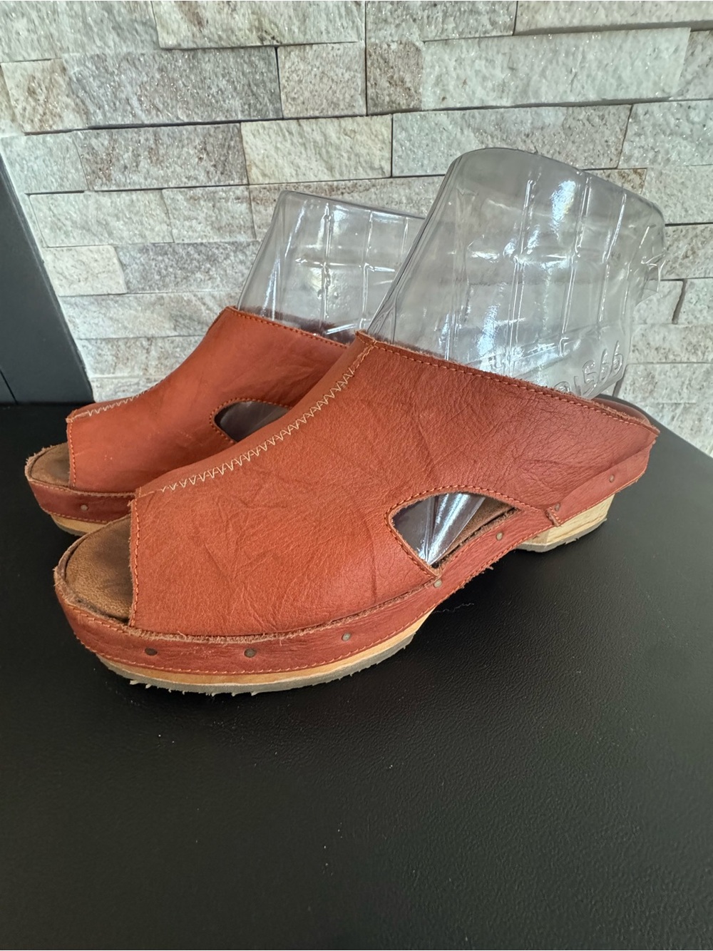 SERGIO TOMANI Leather Peep Toe Wood Clog Sandals Mules Brown EU 40 US 9